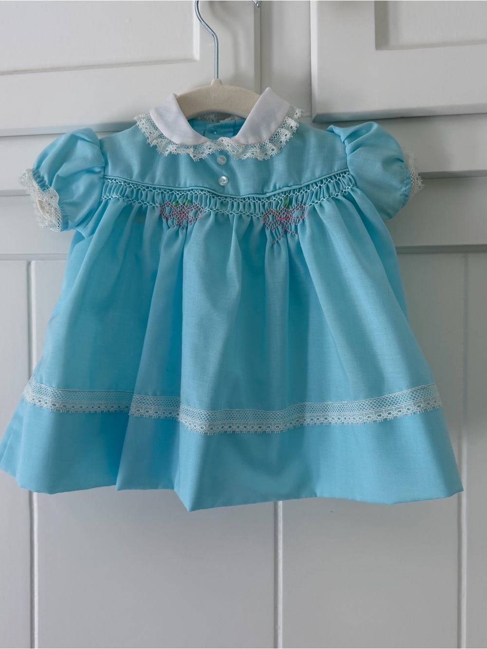 Vintage Blue Smocked Baby Dress with Lace Trim